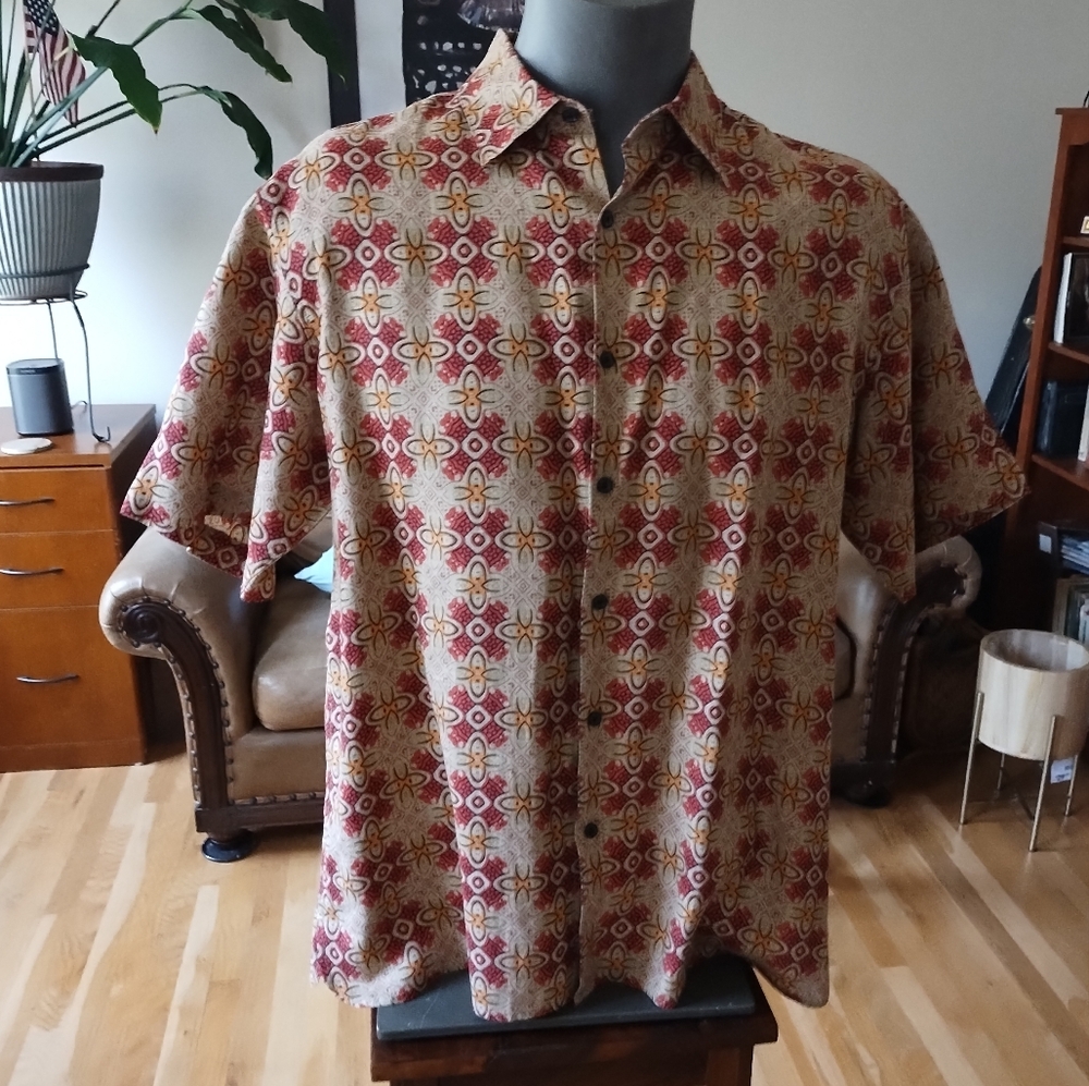 A[X]IST Linen "Hawaiian" Short Sleeve Shirt size XL, Brown and Red Asian Design